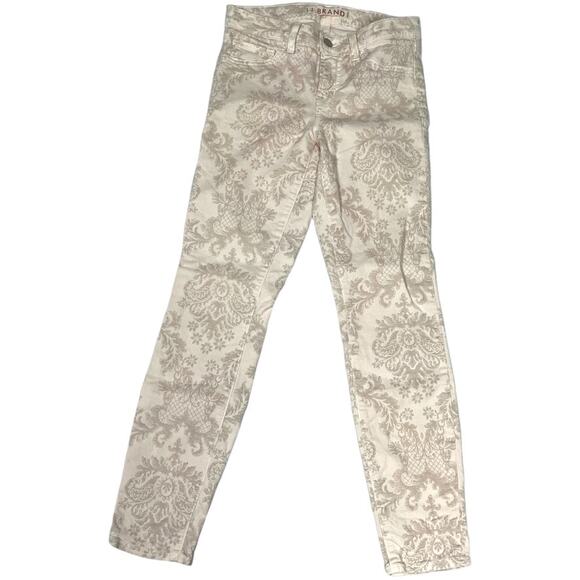 J Brand Capri Romantic Skinny Pants Cream Tan‎ Damask Printed Stretch Women's 25 - Picture 1 of 11
